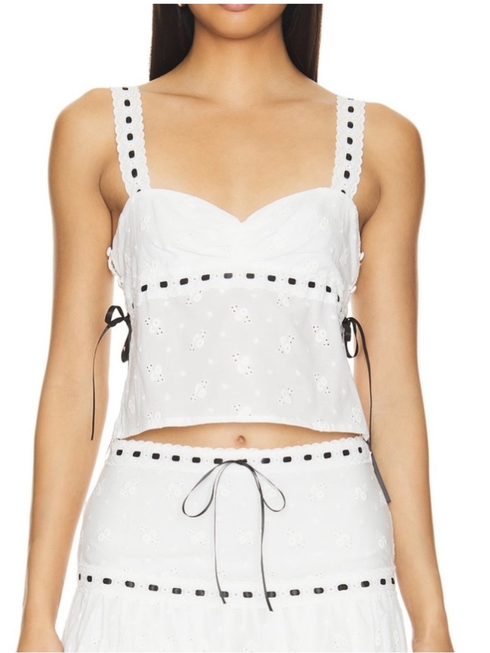 MAJORELLE Carmen White Eyelet Sweetheart Crop Top with Black Trim